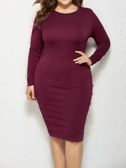Women's Plus Size Curve Casual Dress Bodycon Sheath Dress Plain Midi Dress Long Sleeve Crew Neck Fashion Daily Black Wine Fall Winter XXL 3XL 4XL 5XL -HANs Plus Size Style Shop tdvdxv1694151465712