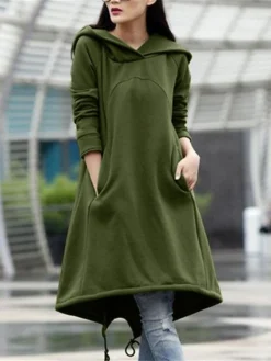 Women's Casual Dress Hoodie Dress Winter Dress Midi Dress Pocket Outdoor Street Daily Fashion Streetwear Hooded Long Sleeve 2023 Loose Fit Black Army Green Gray Color S M L XL XXL Size -HANs Plus Size Style Shop tdxbjx1694510143797