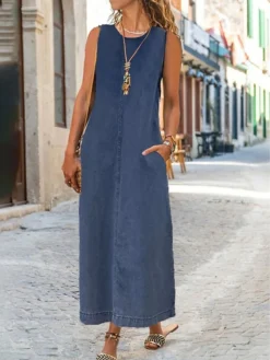 Women's Denim Dress Shift Dress Maxi Long Dress Denim Modern Casual Vacation Crew Neck Patchwork Sleeveless Summer Spring 2023 Regular Fit Black Royal Blue Blue Pure Color S M L XL 2XL