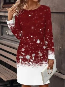 Women's Christmas Dress Casual Dress Mini Dress Active Fashion Outdoor Christmas Holiday Crew Neck Print Christmas Tree Snowflake Deer Loose Fit White Wine Red S M L XL XXL -HANs Plus Size Style Shop tdzfih1697108653051