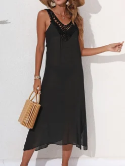 Women's Cover Up Beach Dress Beach Wear Midi Dress Backless Cut Out Basic Casual Plain V Neck Sleeveless Loose Fit Outdoor Daily Black White 2023 Spring Summer S M L XL -HANs Plus Size Style Shop teayrw1674988944488