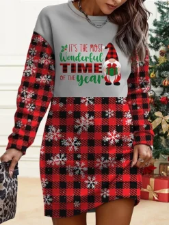 Women's Christmas Casual Dress Sweatshirt Dress Mini Dress Warm Fashion OutdoorVacation Crew Neck Print Geometric Santa Claus Deer Loose Fit Burgundy Navy Blue Blue S M L XL XXL -HANs Plus Size Style Shop tefamt1695621457316