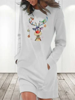 Women‘s Christmas Hoodie Dress Winter Dress Light Blue Grey White Long Sleeve Elk Snowflake Pocket Print Winter Fall Crew Neck Stylish Casual 2022 S M L XL 2XL / Cotton -HANs Plus Size Style Shop tesbgi1666676644286