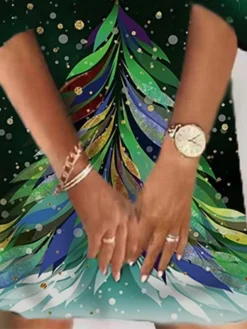 Women‘s Christmas Sweatshirt Dress Winter Dress Short Mini Dress Green Purple 3/4 Length Sleeve Tree Print Fall Winter V Neck Vacation Casual 2022 S M L XL XXL 3XL -HANs Plus Size Style Shop teuuiy1663755261925