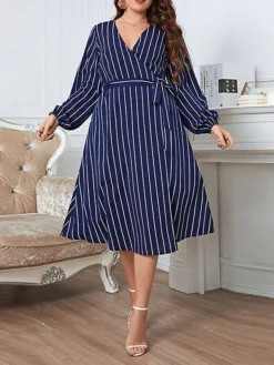 Women's Plus Size Party Dress Wedding Guest Dress Wrap Dress Midi Dress Royal Blue Long Sleeve Line With Belt Spring Fall Winter V Neck Fashion Winter Dress Evening Party Wedding Guest 2023 XL XXL