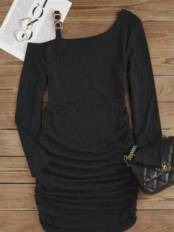 Women's Casual Dress Bodycon Sheath Dress Mini Dress Ruched Cold Shoulder Outdoor Street Daily Active Fashion One Shoulder Long Sleeve 2023 Regular Fit Black Gray Color S M L XL XXL Size -HANs Plus Size Style Shop tevumu1692936837052