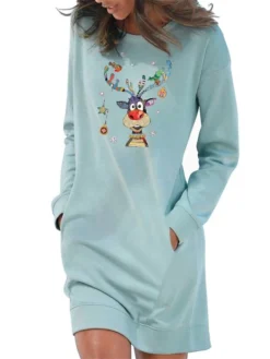 Women‘s Christmas Hoodie Dress Winter Dress Light Blue Grey White Long Sleeve Elk Snowflake Pocket Print Winter Fall Crew Neck Stylish Casual 2022 S M L XL 2XL / Cotton -HANs Plus Size Style Shop tevuuh1666676644579