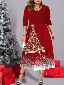 Women's Christmas Plus Size Curve Casual Dress Work Dress Swing Dress Christmas Tree Snowflake Midi Dress Half Sleeve Pocket Print V Neck Fashion Outdoor Wine Navy Blue Fall Winter L XL XXL 3XL 4XL