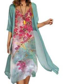 Women‘s Plus Size Curve Two Piece Dress Floral Crew Neck Print 3/4 Length Sleeve Fall Spring Casual Maxi Long Dress Daily Holiday Dress -HANs Plus Size Style Shop tfvplq1626850025833