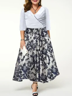 Women‘s Plus Size Curve Casual Dress Sheath Dress A Line Dress Floral Long Dress Maxi Dress Half Sleeve Patchwork Print Crew Neck Fashion Daily Black White Spring Summer L XL XXL 3XL -HANs Plus Size Style Shop tfynxj1675921329608