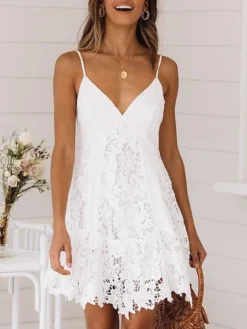 Women's Party Dress Lace Dress Cocktail Dress Mini Dress White Sleeveless Pure Color Lace Summer Spring Fall Deep V Fashion Birthday Wedding Guest Summer Dress Slim 2023 S M L XL