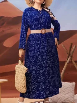 Women's Plus Size Work Dress Swing Dress Semi Formal Dress Fashion Long Dress Maxi Dress Print V Neck Long Sleeve Polka Dot Loose Fit Navy Blue Fall Winter L XL XXL 3XL 4XL -HANs Plus Size Style Shop tgktzj1693300604026