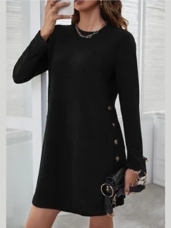 Women's Casual Dress T Shirt Dress Tee Dress Winter Dress Mini Dress Patchwork Button Daily Going Out Weekend Basic Elegant Crew Neck Long Sleeve Black Pink Grey Color S M L XL 2XL Size -HANs Plus Size Style Shop tgluth1693363970618