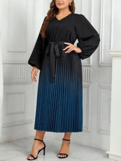 Women's Plus Size Curve Party Dress Casual Dress Sheath Dress Gradient Midi Dress Long Sleeve Lace Up Pleated V Neck Fashion Party Deep Blue Fall Winter XL XXL 3XL 4XL -HANs Plus Size Style Shop tgvnua1694594741585