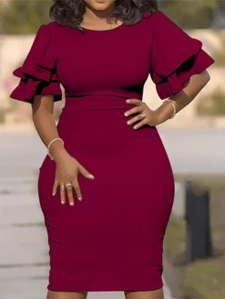 Women‘s Plus Size Curve Work Dress Bodycon Sheath Dress Solid Color Midi Dress Short Sleeve Ruffle Crew Neck Fashion Office Black White Summer Spring XL XXL 3XL 4XL 5XL -HANs Plus Size Style Shop theukx1677650838775