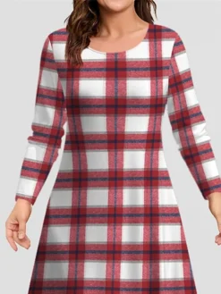 Women's Christmas Plus Size Curve Casual Dress Skater Dress A Line Dress Plaid Midi Dress Long Sleeve Print Crew Neck Fashion Outdoor Wine Fall Winter L XL XXL 3XL 4XL -HANs Plus Size Style Shop thpimm1697189192633