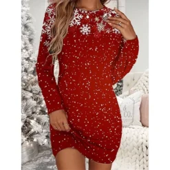 Women's Christmas T Shirt Dress Tee Dress Bodycon Mini Dress Wine White Long Sleeve Snowman Snowflake Print Winter Fall Crew Neck Vacation Casual Fall Dress Loose Fit 2022 S M L XL XXL 3XL 4XL 5XL 6XL -HANs Plus Size Style Shop thyzys1668221332876
