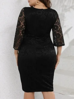 Women‘s Plus Size Curve Party Dress Lace Dress Cocktail Dress Black Dress Midi Dress Long Sleeve Pure Color Lace Spring Fall Winter Crew Neck Fashion Winter Dress Birthday Wedding Guest -HANs Plus Size Style Shop tiekwd1692157389830