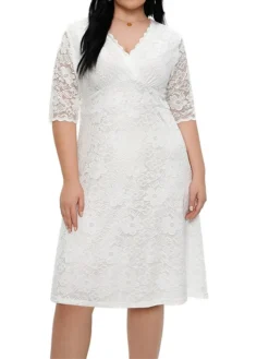 Women‘s Plus Size Curve Party Dress Lace Dress White Dress Solid Color Midi Dress Half Sleeve Lace V Neck Fashion Party White Red Summer Spring XL XXL 3XL 4XL 5XL -HANs Plus Size Style Shop tigigh1681204546551