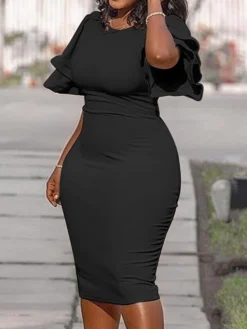 Women‘s Plus Size Curve Work Dress Bodycon Sheath Dress Solid Color Midi Dress Short Sleeve Ruffle Crew Neck Fashion Office Black White Summer Spring XL XXL 3XL 4XL 5XL -HANs Plus Size Style Shop tiwodh1677650845788