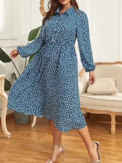 Women's Plus Size Shirt Dress Casual Dress Tunic Dress Midi Dress Outdoor Daily Date Polyester Basic Classic Shirt Collar Button Print Long Sleeve Spring Fall Winter 2023 Loose Fit Blue Floral XL 2XL -HANs Plus Size Style Shop tkexdy1693535889049