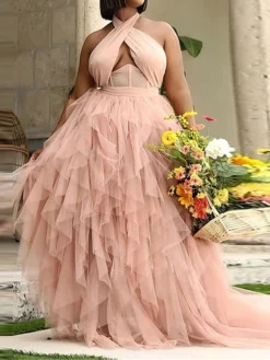 Women's Plus Size Curve Party Dress Swing Dress Halter Neck Dress Plain Long Dress Maxi Dress Sleeveless Mesh Backless Halter Neck Fashion Party Black Pink Fall Winter XL XXL 3XL 4XL 5XL