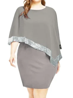 Women‘s Plus Size Curve Sequin Dress Work Dress Sheath Dress Solid Color Mini Dress Long Sleeve Crew Neck Fashion Evening Party Black Yellow Summer Spring L XL XXL 3XL 4XL -HANs Plus Size Style Shop tkosbk1697772273736