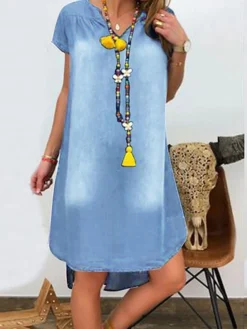 Women's Denim Dress Casual Dress Midi Dress Denim Fashion Casual Outdoor Vacation V Neck Asymmetric Short Sleeve Summer Spring Fall 2023 Loose Fit Black Navy Blue Sky Blue Plain S M L XL 2XL -HANs Plus Size Style Shop tkothi1677136744509