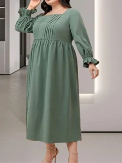 Women's Plus Size Curve Casual Dress Winter Dress Swing Dress Plain Midi Dress Long Sleeve Ruched Pocket Square Neck Fashion Outdoor Green Fall Winter XL XXL 3XL 4XL 5XL -HANs Plus Size Style Shop tkuqnj1695191645999