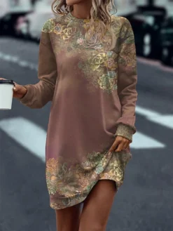 Women's Casual Dress Sweatshirt Dress Mini Dress Warm Fashion Outdoor Vacation Going Out Crew Neck Print Floral Regular Fit Pink S M L XL XXL