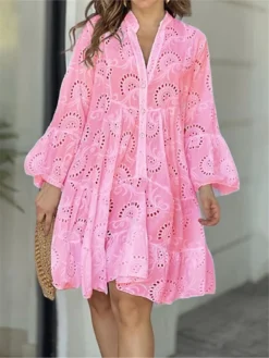 Women's Casual Dress White Dress Summer Dress Mini Dress Button Eyelet Daily Holiday Date Fashion Basic Split Neck Long Sleeve 2023 Loose Fit White Yellow Pink Color S M L XL XXL Size -HANs Plus Size Style Shop tlbxxb1685016737226