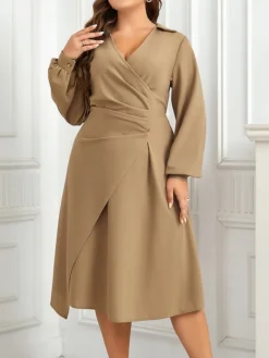 Women's Plus Size Curve Work Dress A Line Dress Plain Midi Dress Long Sleeve Ruched V Neck Fashion Office Khaki Fall Winter XL XXL 3XL 4XL