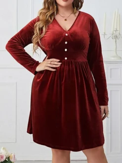 Women's Plus Size Party Dress Velvet Dress Cocktail Dress Midi Dress Wine Long Sleeve Pure Color Ruched Spring Fall Winter V Neck Fashion Winter Dress Wedding Guest Birthday 2023 XL XXL 3XL 4XL -HANs Plus Size Style Shop tllozm1692178764974