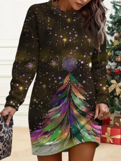 Women's Christmas Casual Dress Sweatshirt Dress Mini Dress Warm Fashion OutdoorVacation Crew Neck PrintTree Loose Fit Black Blue Green S M L XL XXL -HANs Plus Size Style Shop tmdfen1695621420099