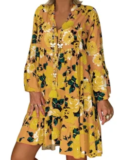 Women‘s Plus Size Curve Casual Dress Floral V Neck Print Long Sleeve Fall Spring Casual Short Mini Dress Daily Vacation Dress -HANs Plus Size Style Shop tmgqay1660643930376