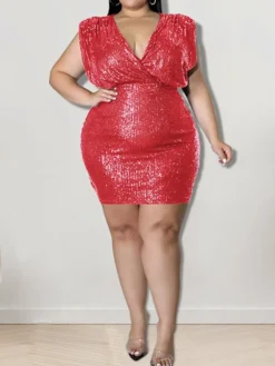 Women‘s Plus Size Curve Party Dress Solid Color V Neck Sequins Short Sleeve Spring Summer Sequins Prom Dress Short Mini Dress Party Back To School Dress Sequin Dress Homecoming Dress -HANs Plus Size Style Shop tmgxrb1652866157696