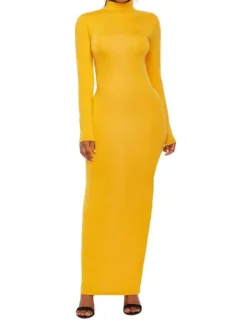 Women's Casual Dress Bodycon Plain Dress Long Dress Maxi Dress Ruched Daily Holiday Date Fashion Streetwear Turtleneck Long Sleeve 2023 Regular Fit Yellow Pink Burgundy Color S M L Size -HANs Plus Size Style Shop tmjisn1694154153050