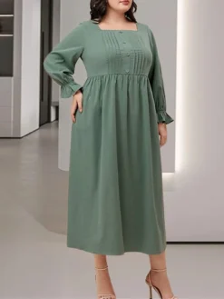 Women's Plus Size Curve Casual Dress Winter Dress Swing Dress Plain Midi Dress Long Sleeve Ruched Pocket Square Neck Fashion Outdoor Green Fall Winter XL XXL 3XL 4XL 5XL -HANs Plus Size Style Shop tmjpyw1695191646679