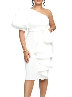Women‘s Plus Size Curve Party Dress Solid Color One Shoulder Ruffle Short Sleeve Spring Fall Prom Dress Midi Dress Casual Daily Dress -HANs Plus Size Style Shop tmpbgq1656067342360