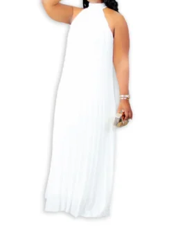 Women's Plus Size Curve Shift Dress Solid Color Halter Neck Ruched Sleeveless Spring Summer Basic Maxi Long Dress Casual Daily Dress -HANs Plus Size Style Shop tmtndr1654676762865