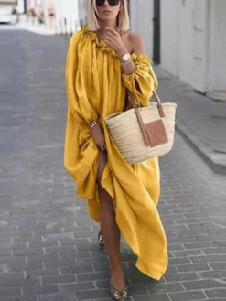 Women's Casual Dress Swing Dress Boho Dress Long Dress Maxi Dress Apricot Green Blue Long Sleeve Pure Color Ruched Winter Fall Spring One Shoulder Fashion Winter Dress Daily Vacation Loose Fit 2023 M -HANs Plus Size Style Shop tnajet1646310500946