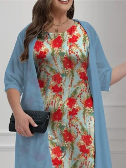 Women's Plus Size Curve Casual Dress Dress Set Two Piece Dress Floral Midi Dress 3/4 Length Sleeve Print Crew Neck Fashion Outdoor Blue Fall Winter L XL 2XL 3XL 4XL -HANs Plus Size Style Shop tnfyoa1697776291882