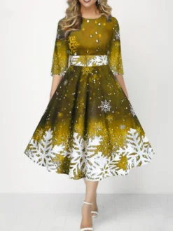 Women's Retro 1950s Skater Dress Midi Dress Party Christmas Print Snowflake Crew Neck 3/4 Length Sleeve 2023 Black Yellow S M L XL -HANs Plus Size Style Shop tnhdmj1696846063821