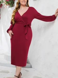 Women's Plus Size Party Dress Cocktail Dress Wedding Guest Dress Midi Dress Black Wine Blue Long Sleeve Pure Color Lace Up Spring Fall Winter V Neck Fashion Winter Dress Wedding Guest Birthday 2023 -HANs Plus Size Style Shop tnirrt1691738721889