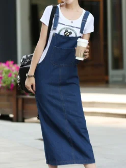 Women's Denim Dress Denim Overall Pinafore Dress Maxi Long Dress Denim Basic Casual Daily Holiday Vacation Square Neck Pocket Split Sleeveless Summer Spring Fall 2023 Regular Fit Blue Pure Color S M -HANs Plus Size Style Shop tnvbua1653635945855