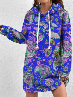 Women's Casual Dress Hoodie Dress Winter Dress Paisley Pocket Print Hooded Mini Dress Fashion Streetwear Outdoor Daily Long Sleeve Loose Fit Blue Purple Orange Fall Winter S M L XL XXL