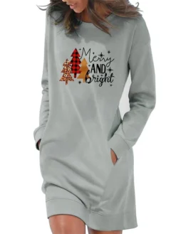 Women‘s Christmas Hoodie Dress Winter Dress Light Blue Grey White Long Sleeve Letter Tree Snowflake Pocket Print Winter Fall Crew Neck Stylish Casual Fall Dress Loose Fit 2022 S M L XL 2XL -HANs Plus Size Style Shop tnwkeg1666430319068