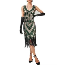 Women's Retro 1920s Fringe Dress Midi Dress Party Halloween Sequins Tassel Fringe Geometric V Neck Sleeveless Regular Fit Spring Fall 2023 Silver Black XS S M L -HANs Plus Size Style Shop todzri1692849306575