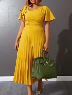 Women‘s Plus Size Curve Party Dress Solid Color V Neck Ruched Short Sleeve Fall Spring Work Prom Dress Maxi Long Dress Party Holiday Dress Ruffle -HANs Plus Size Style Shop topgct1648636994696