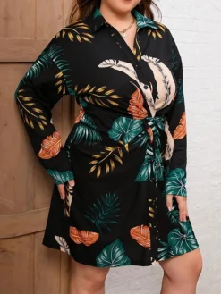 Women's Plus Size Shirt Dress Casual Dress Midi Dress Outdoor Daily Vacation Polyester Fashion Casual Shirt Collar Lace Up Button Long Sleeve Fall Winter 2023 Regular Fit Black Leaf L XL 2XL 3XL 4XL -HANs Plus Size Style Shop tpbksp1693535893509